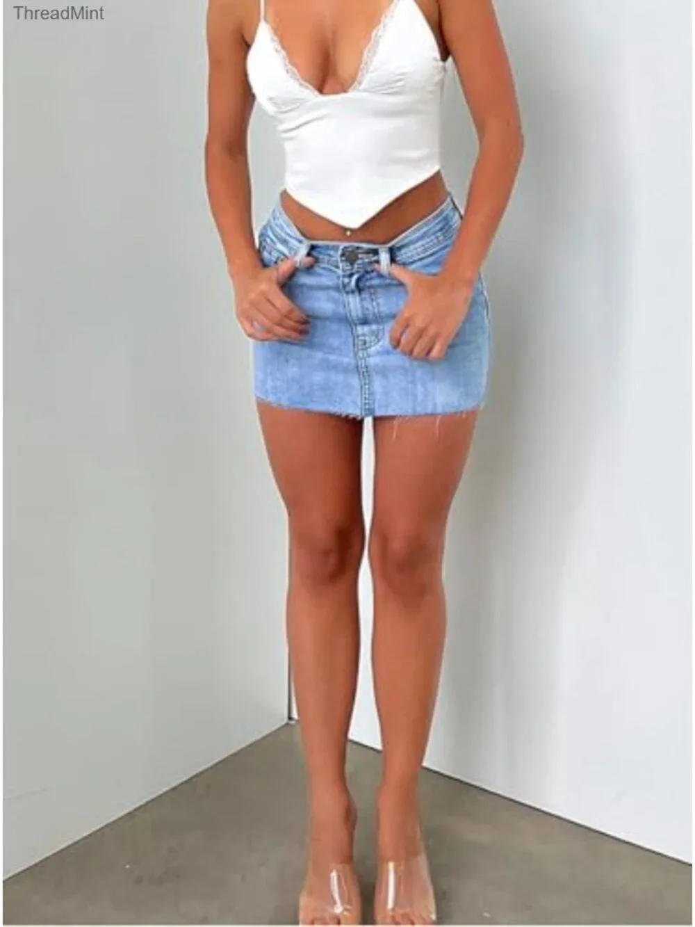 Bodycon Stretch Denim Mini Skirt High Rise Distressed Raw Hem